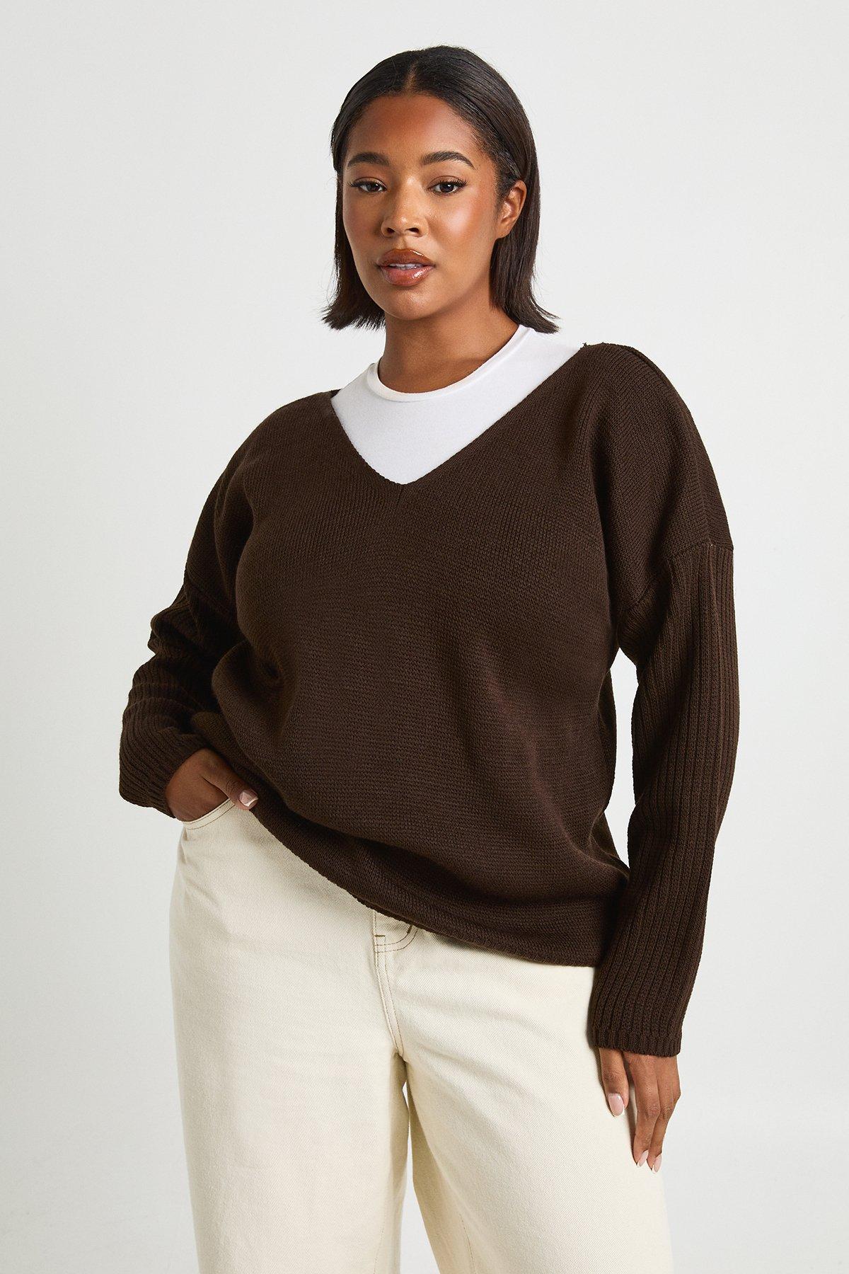 Image of Maglione Plus Size oversize con scollo a V e scollo a V sul retro, Brown