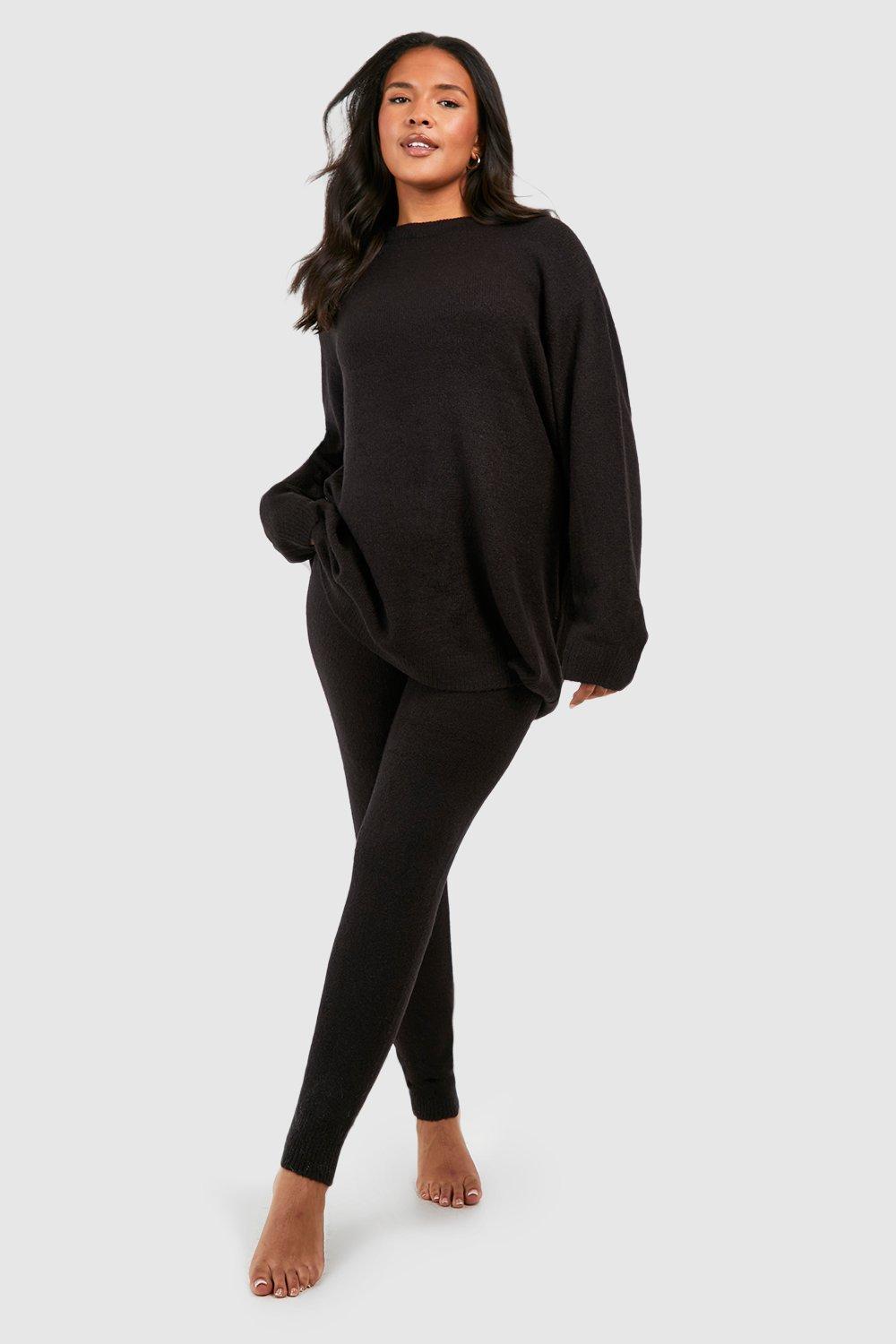 Womens Plus Knitted Crew Neck Jumper Lounge Set - Black - 24, Black