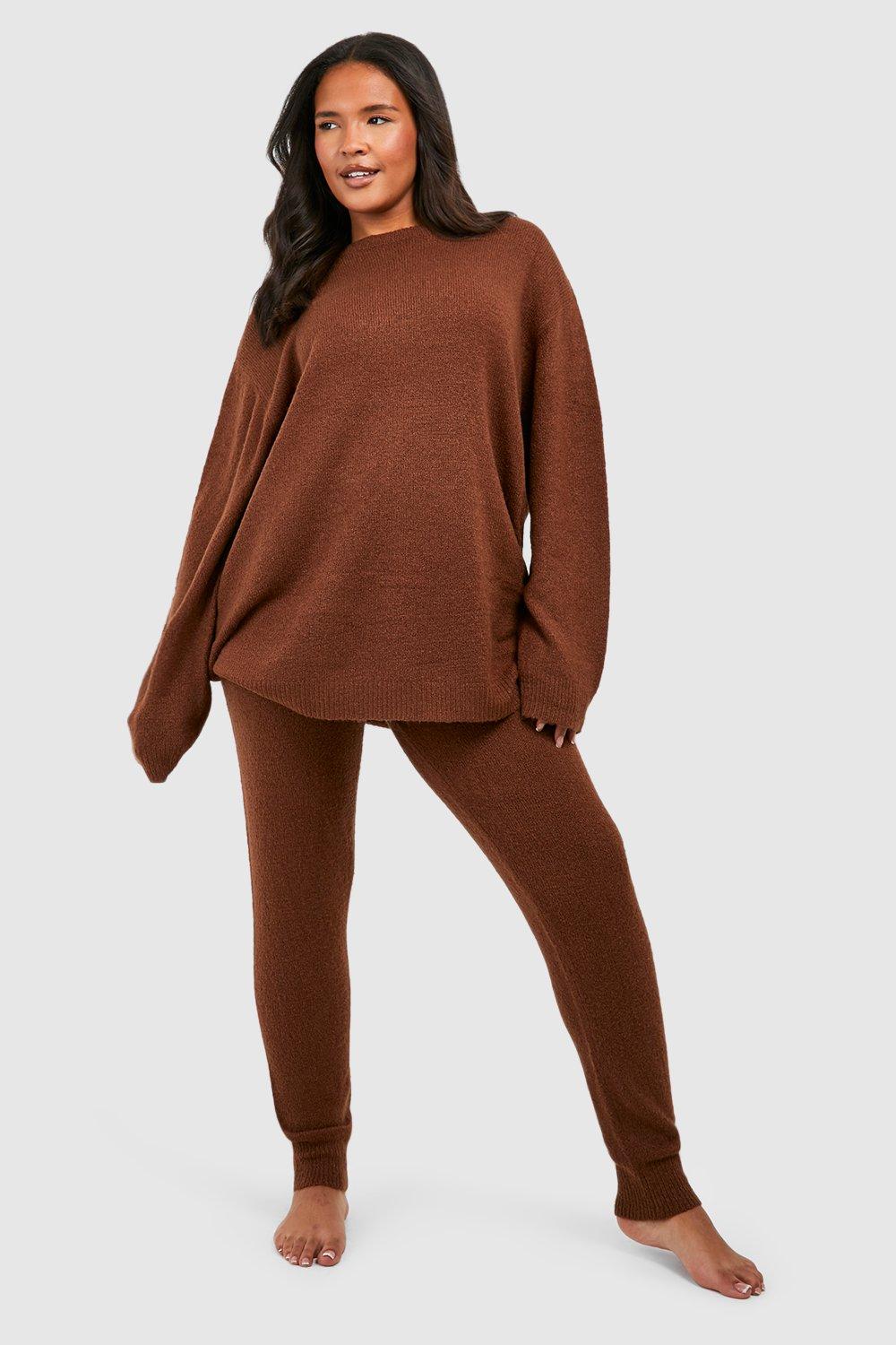 Womens Plus Knitted Crew Neck Jumper Lounge Set - Brown - 24, Brown