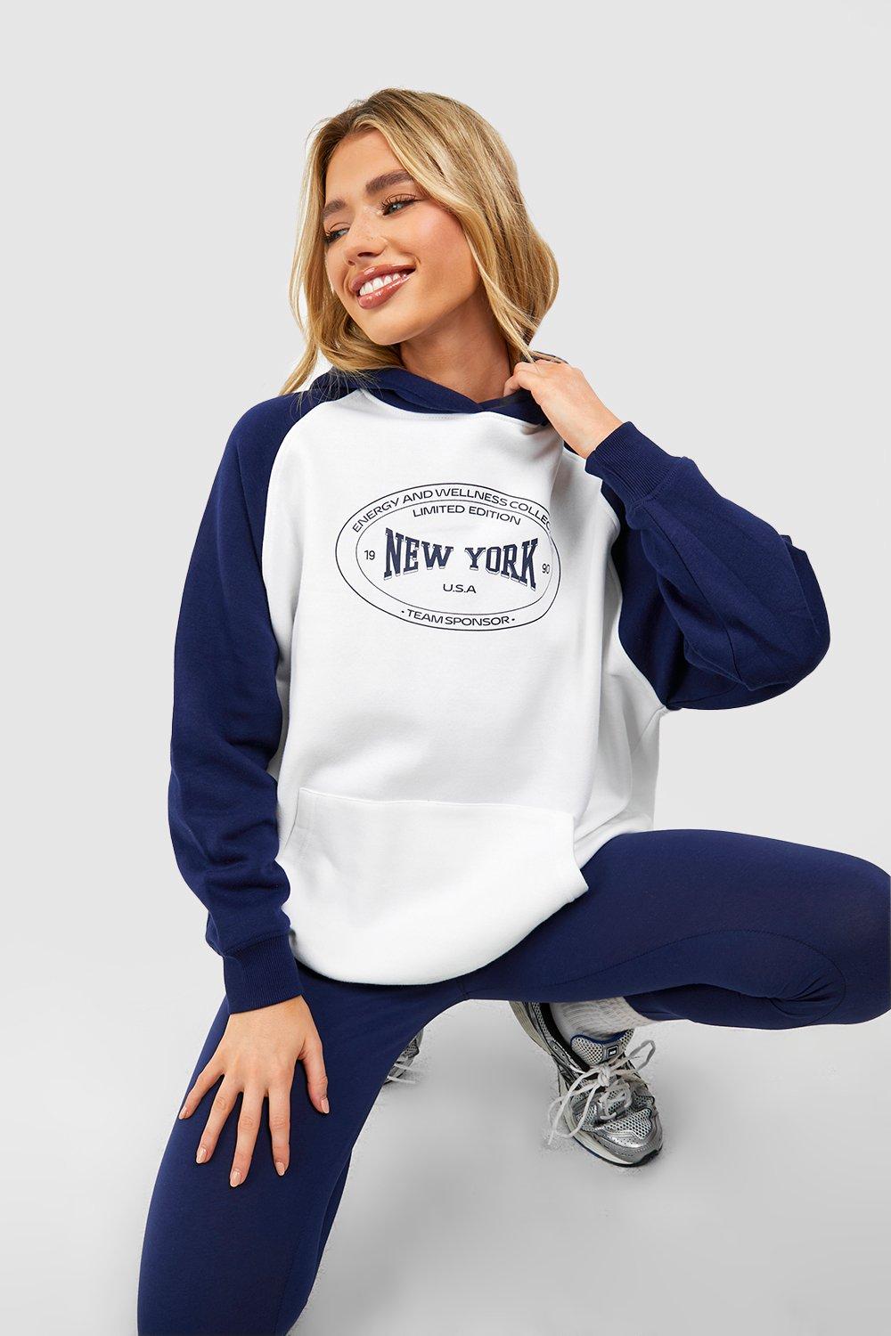 Image of Felpa oversize a blocchi di colore con slogan New York e cappuccio, Navy