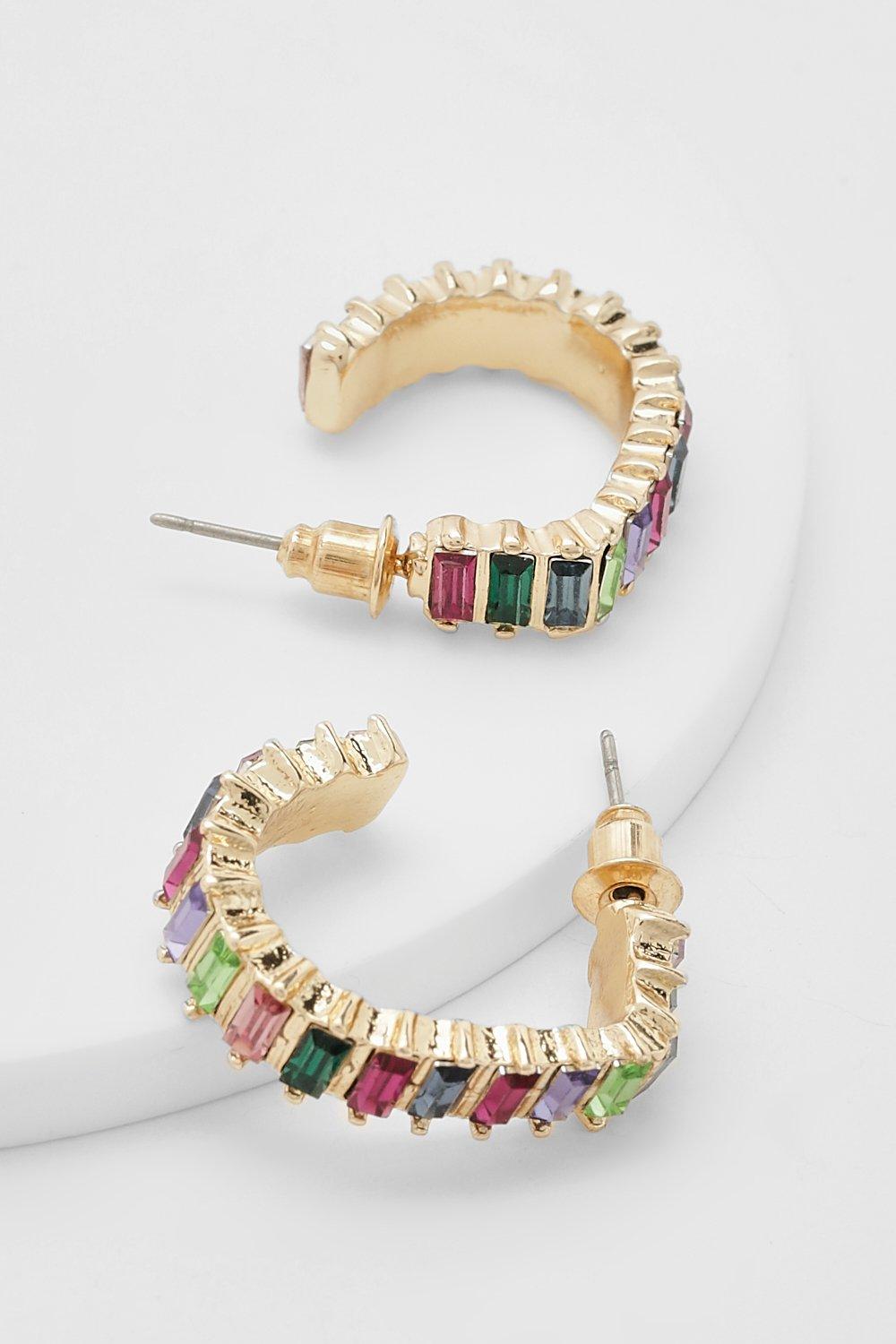 Womens Rainbow Diamante Mini Hoop Earrings - Gold - One Size, Gold