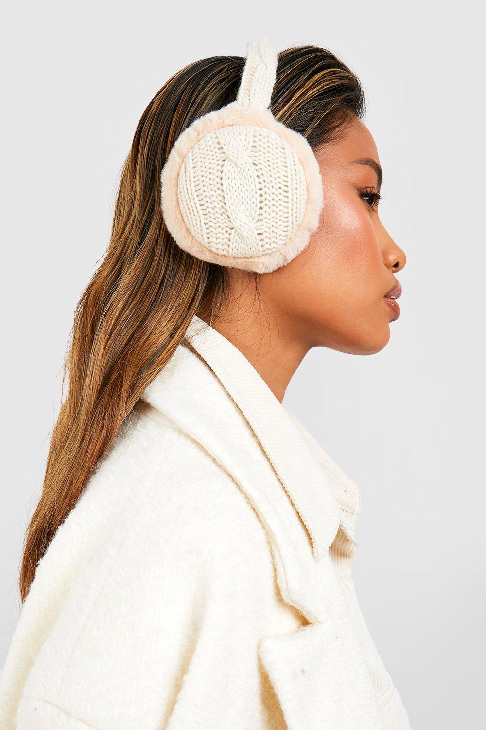 Womens Cable Knit Faux Fur Ear Muff White One Size White