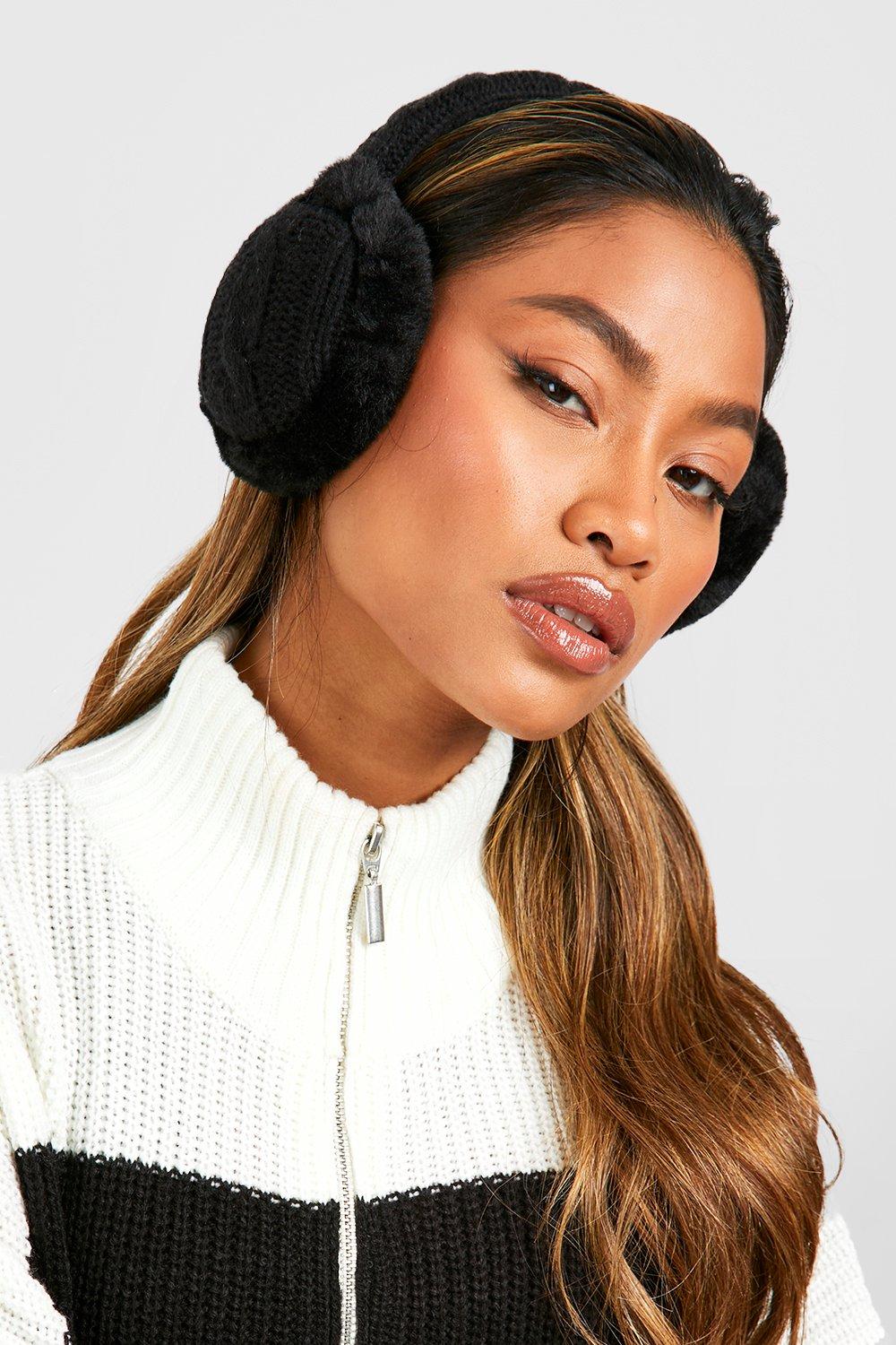 Womens Cable Knit Faux Fur Ear Muff Black One Size Black