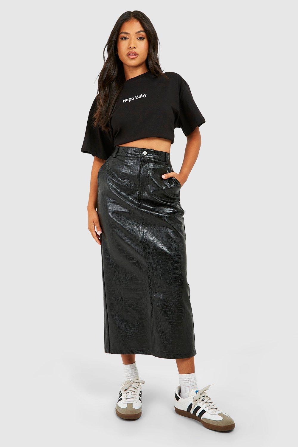 womens petite croc faux leather split midaxi skirt - black - 6, black