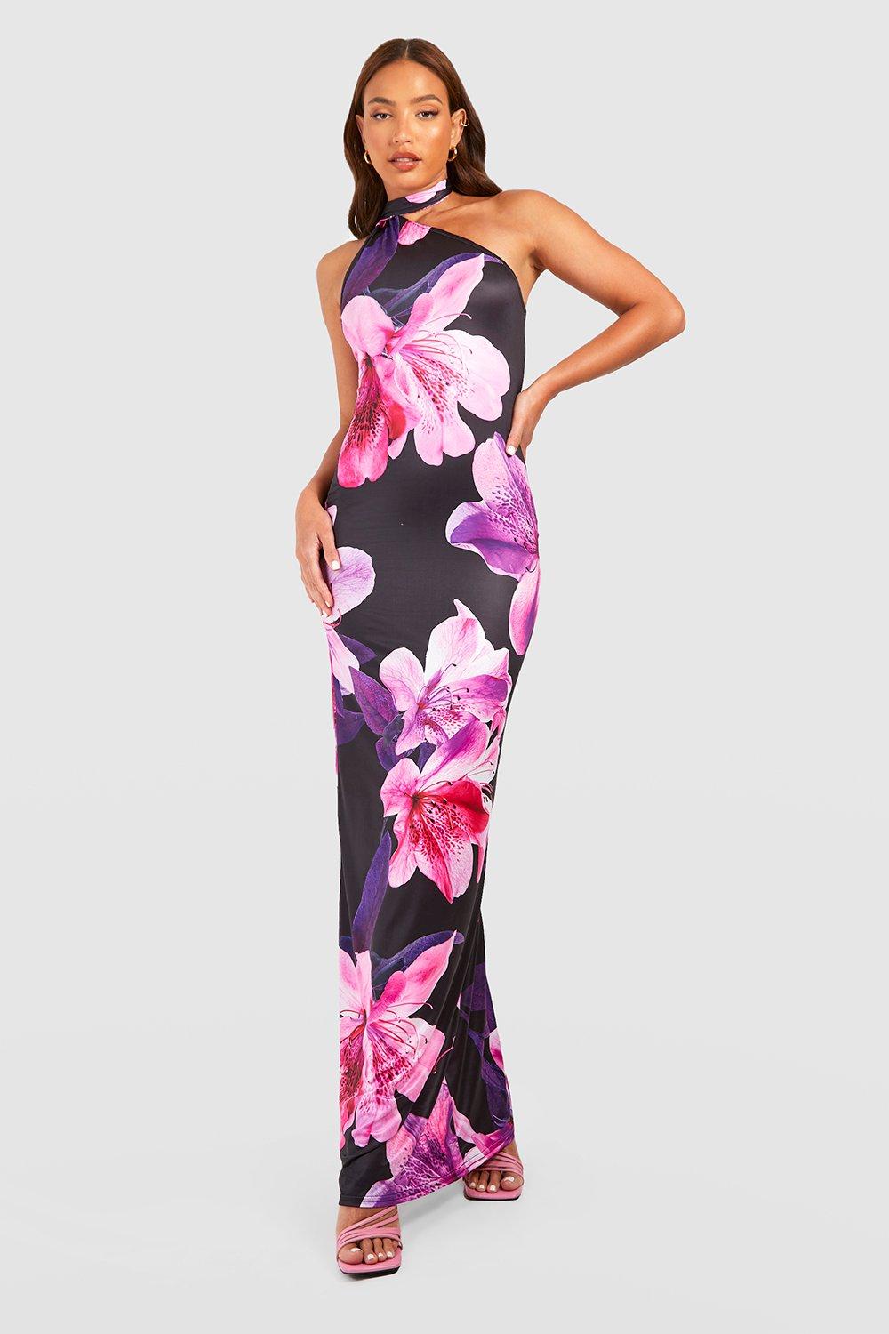 Boohoo Tall Bloemen Maxi Jurk Met Gedrapeerde Hals, Purple