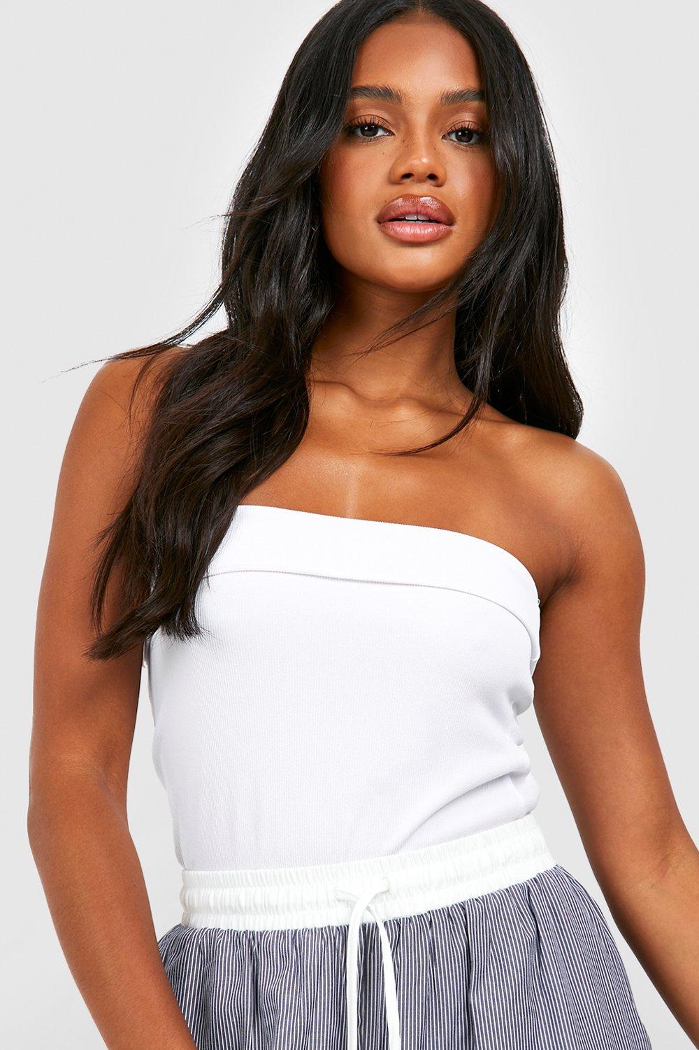 Boohoo Geribbelde Bandeau Top Met Vouw Detail, White