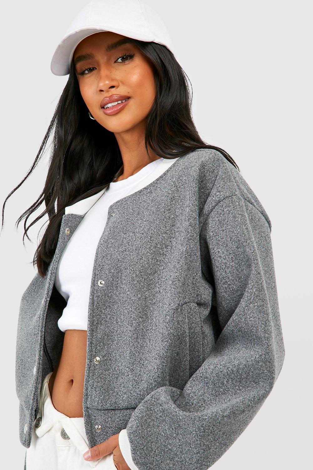 Womens Petite Wool Look Cropped Varsity Bomber - Grey - 6, Grey