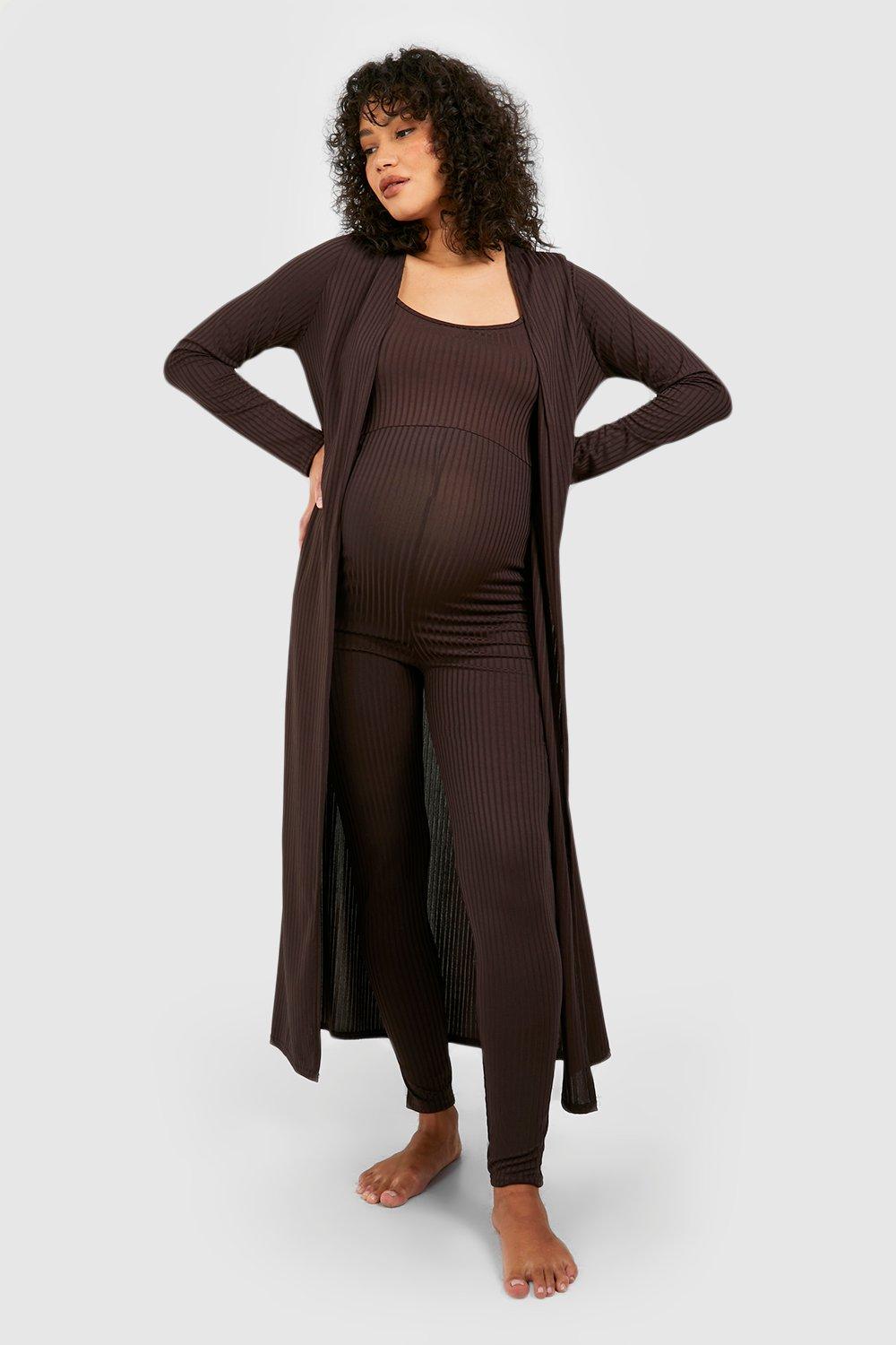 Womens Maternity Rib Unitard & Duster Lounge Set - Brown - 10, Brown