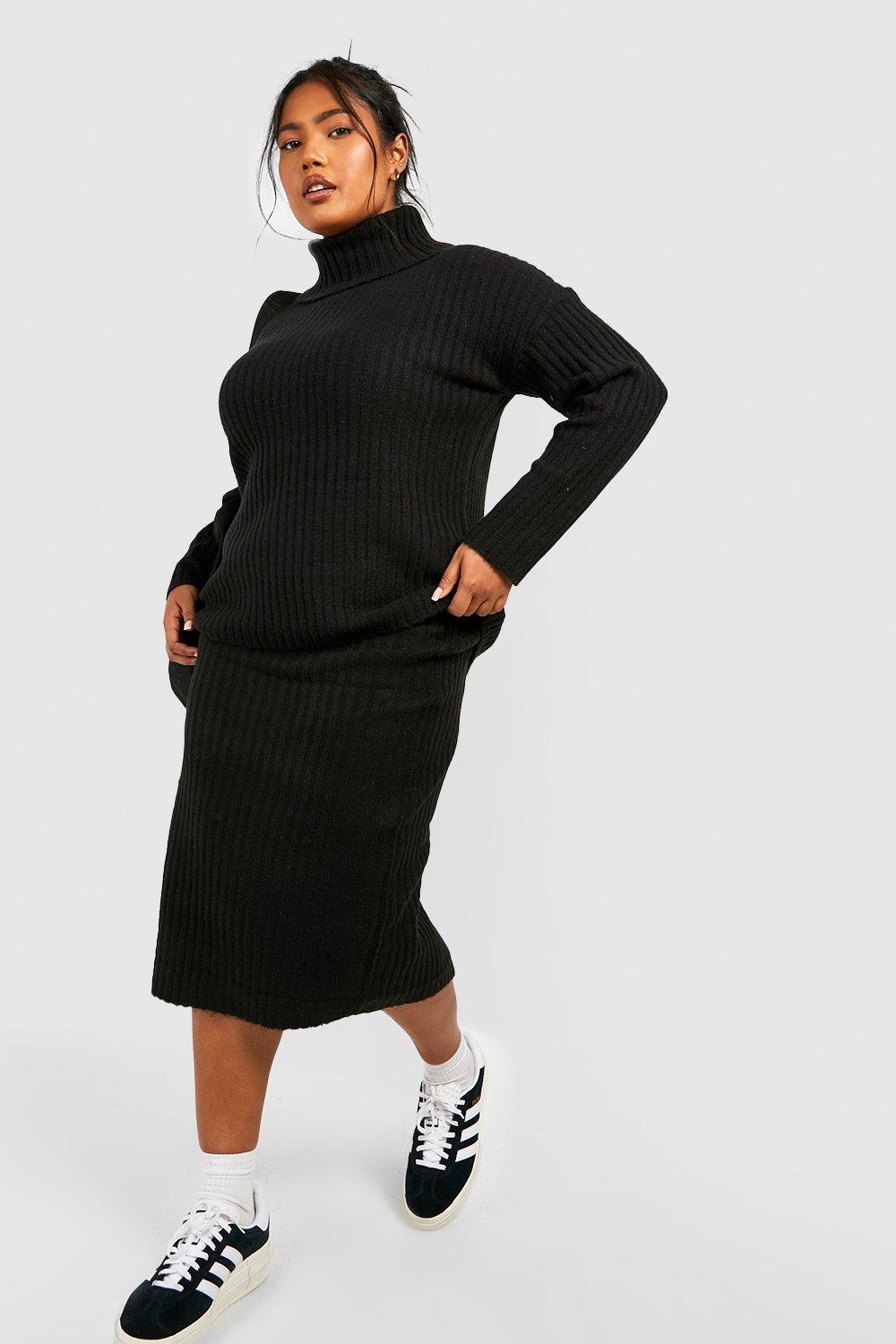 Womens Plus Knitted Midi Skirt And Roll Neck Co-Ord - Black - 18, Black