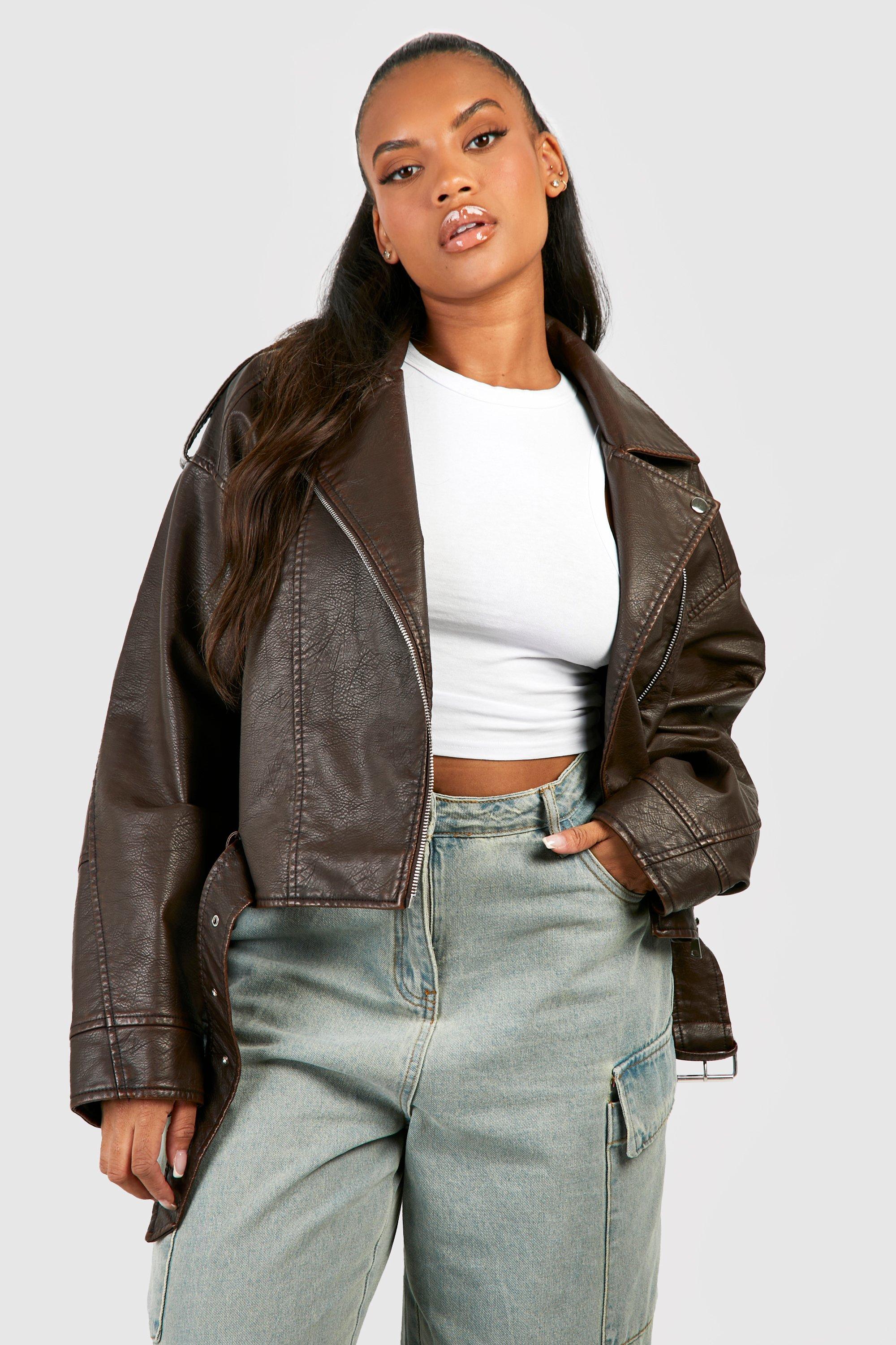 Image of Giacca corta Plus Size stile Biker vintage in pelle sintetica, Brown