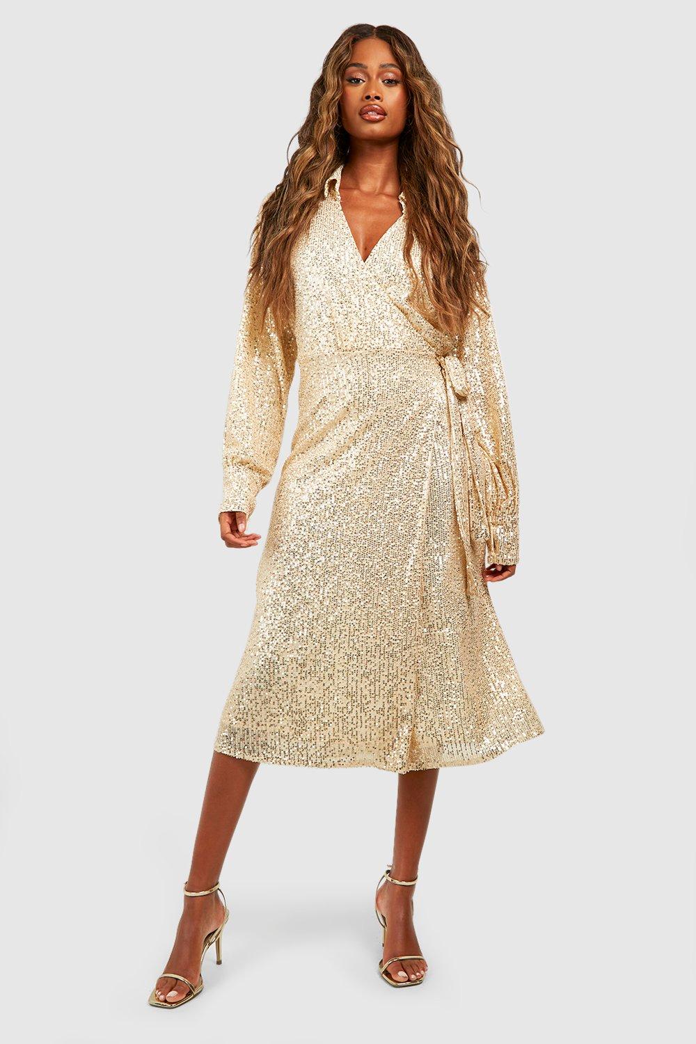 70s Sequin Dresses, Disco Dresses Womens Sequin Wrap Midi Dress - Beige - 14 $65.00 AT vintagedancer.com