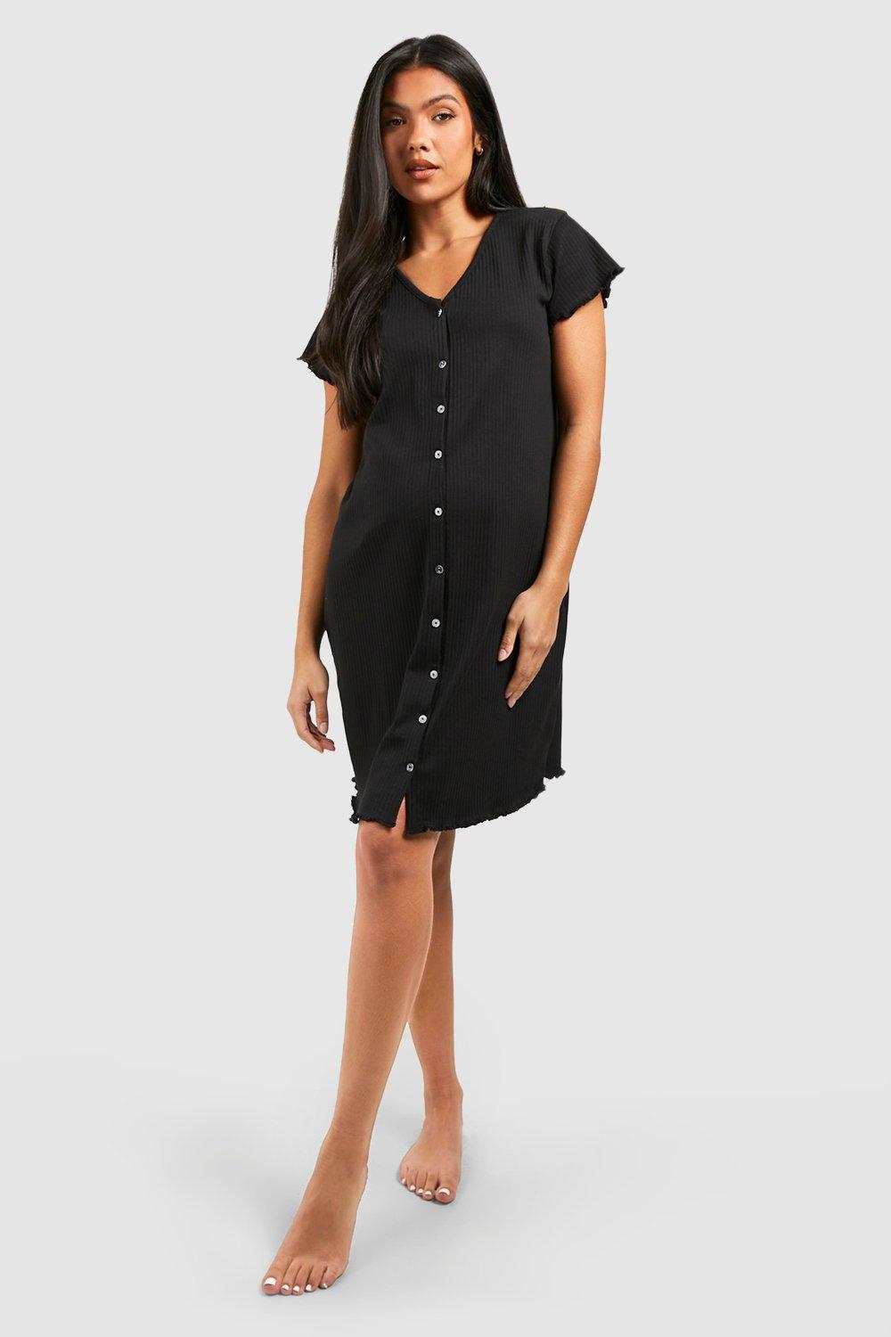 Womens Maternity Ribbed Button Down Nightie - Black - 12, Black