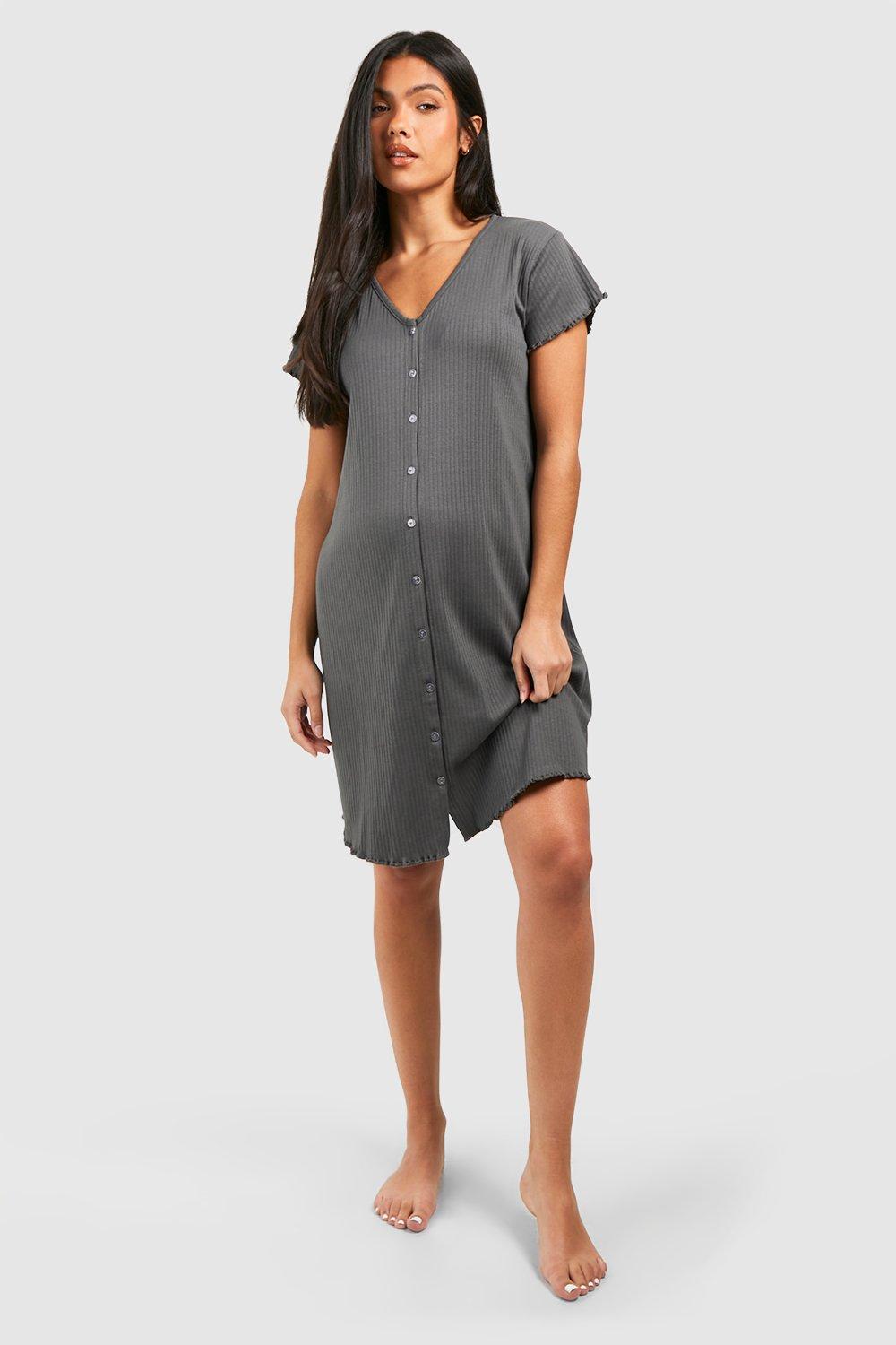 Womens Maternity Ribbed Button Down Nightie - Grey - 8, Grey