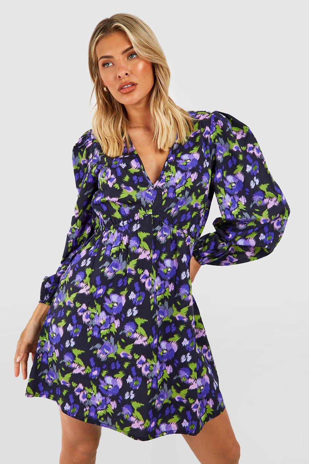 womens floral rouched blouson sleeve smock dress - purple - 8, purple