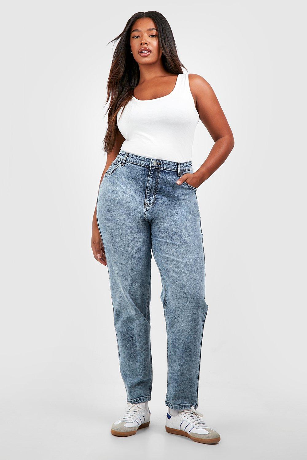 Image of Jeans Mom Plus Size a vita alta in lavaggio vintage, Azzurro