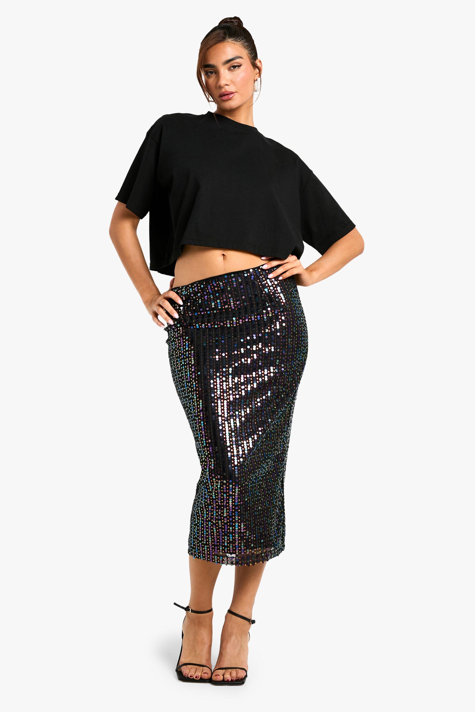 Image of Gonna longuette con paillettes color arcobaleno, Nero