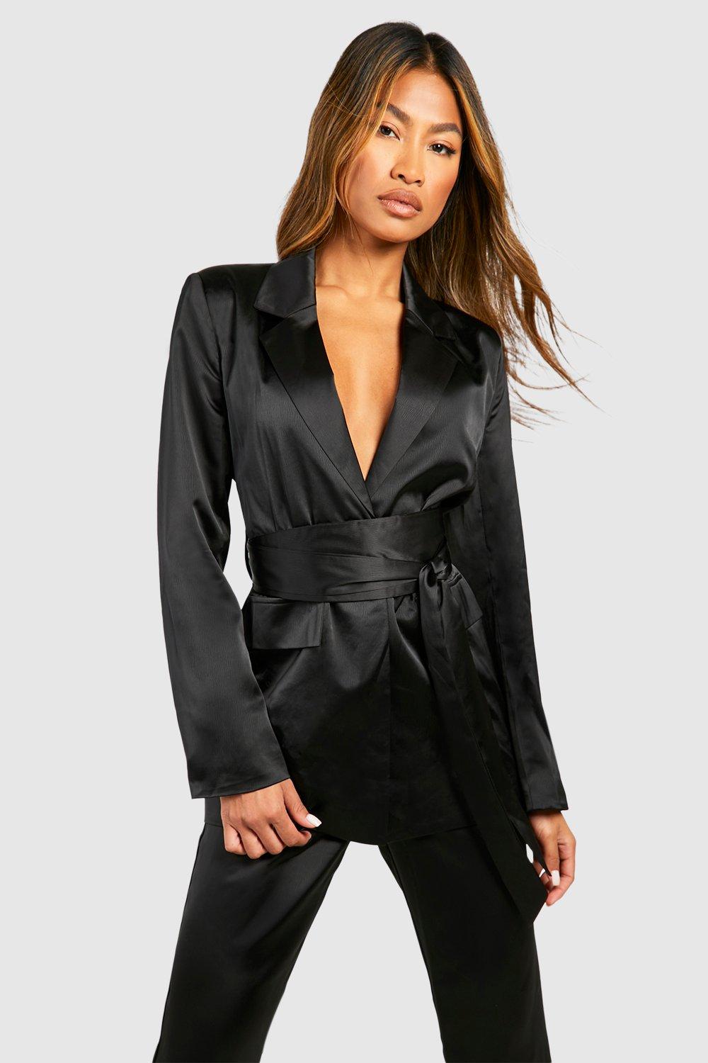 Boohoo Matte Satijnen Getailleerde Blazer Met Obi Ceintuur, Black