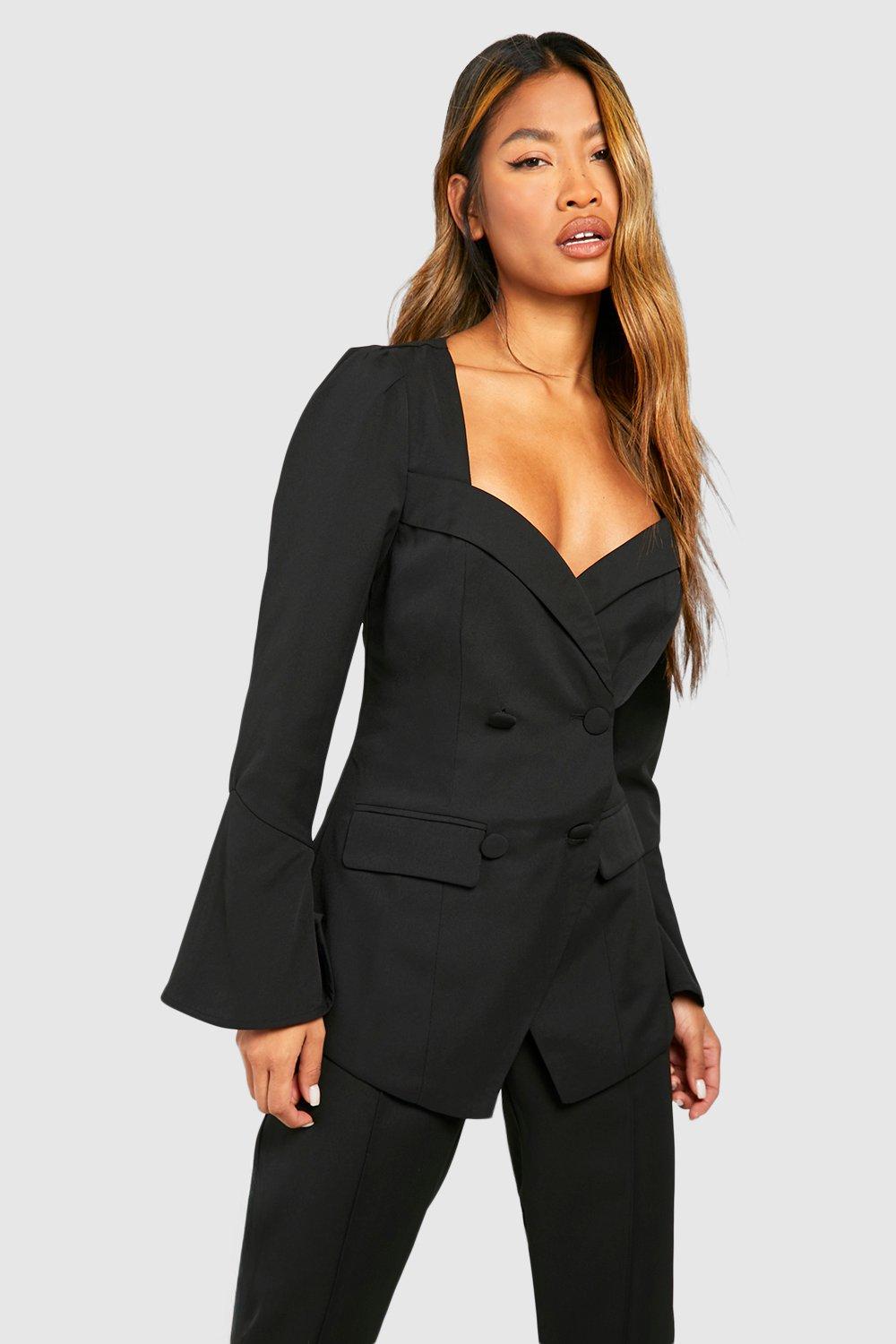 Boohoo Blazer Met Harvormige Hals, Wijde Mouwen En Dubbele Knopen, Black