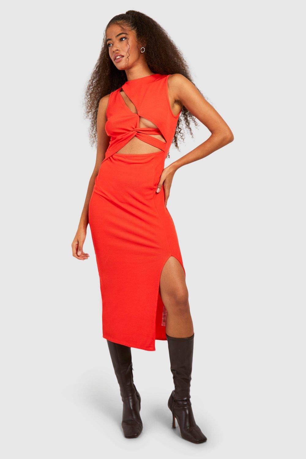 Boohoo Geribbelde Gedraaide Mouwloze Midi Jurk Met Uitsnijding, Orange