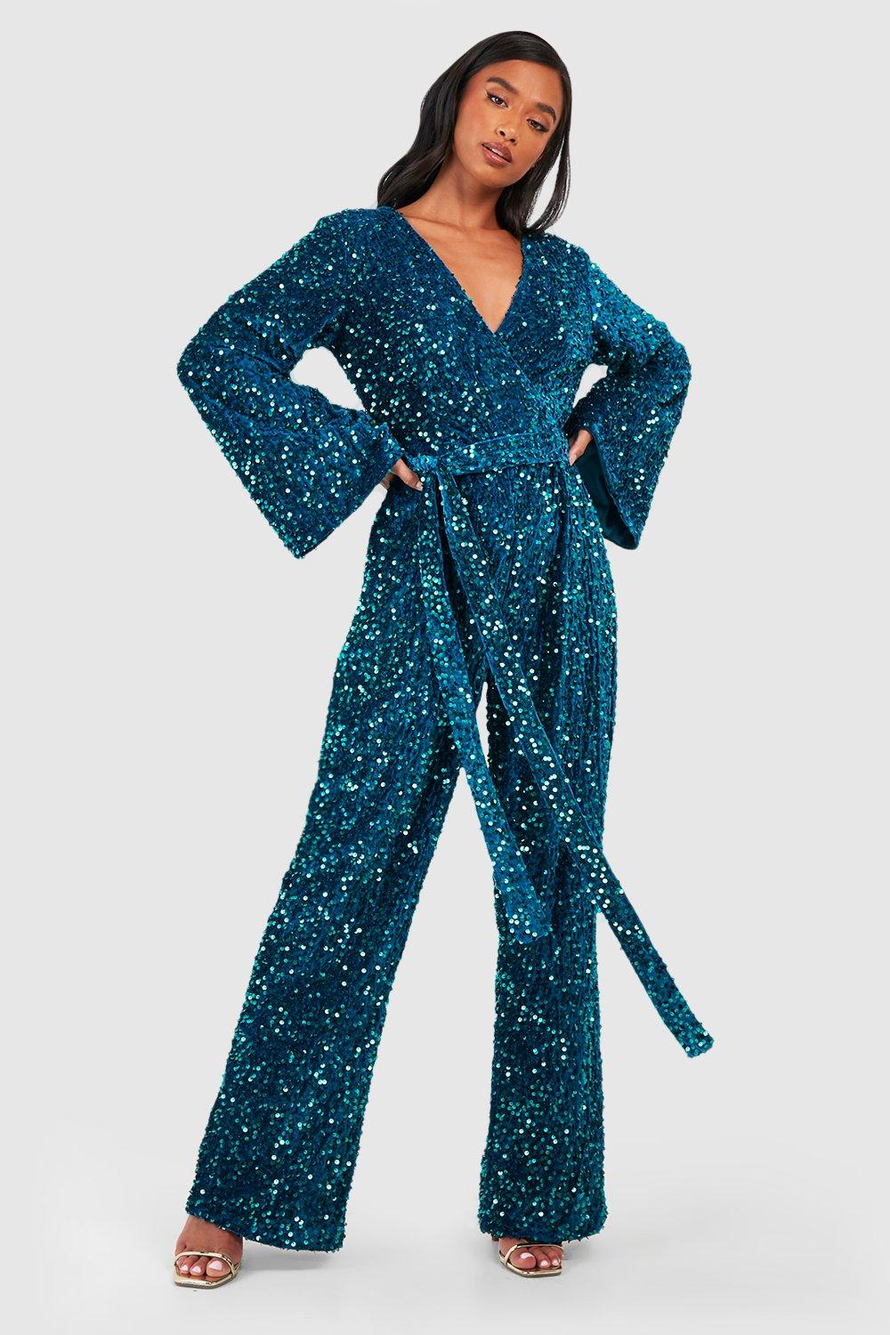 Womens Petite Velvet Sequin Wrap Jumpsuit - Green - 6, Green