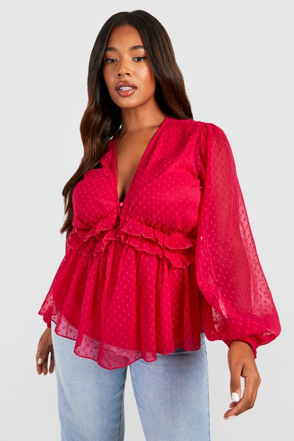 Boohoo Plus Dobby Peplum Top Met Knopen, Raspberry