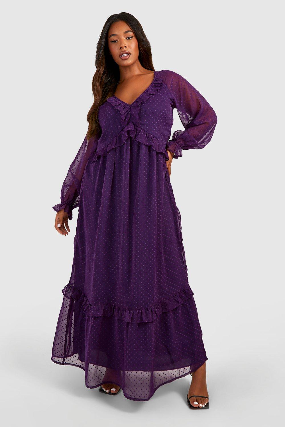70s Dresses – Disco Dress, Hippie Dress, Caftan Dress Womens Plus Dobby Ruffle Maxi Dress - Purple - 16 $35.00 AT vintagedancer.com