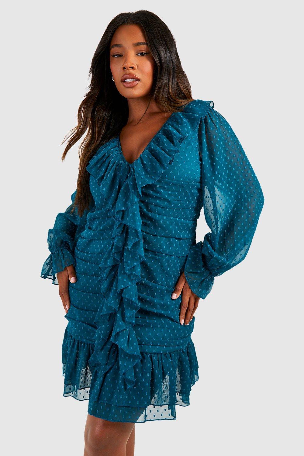 Boohoo Plus Dobby Mini Jurk Met Ruches, Teal