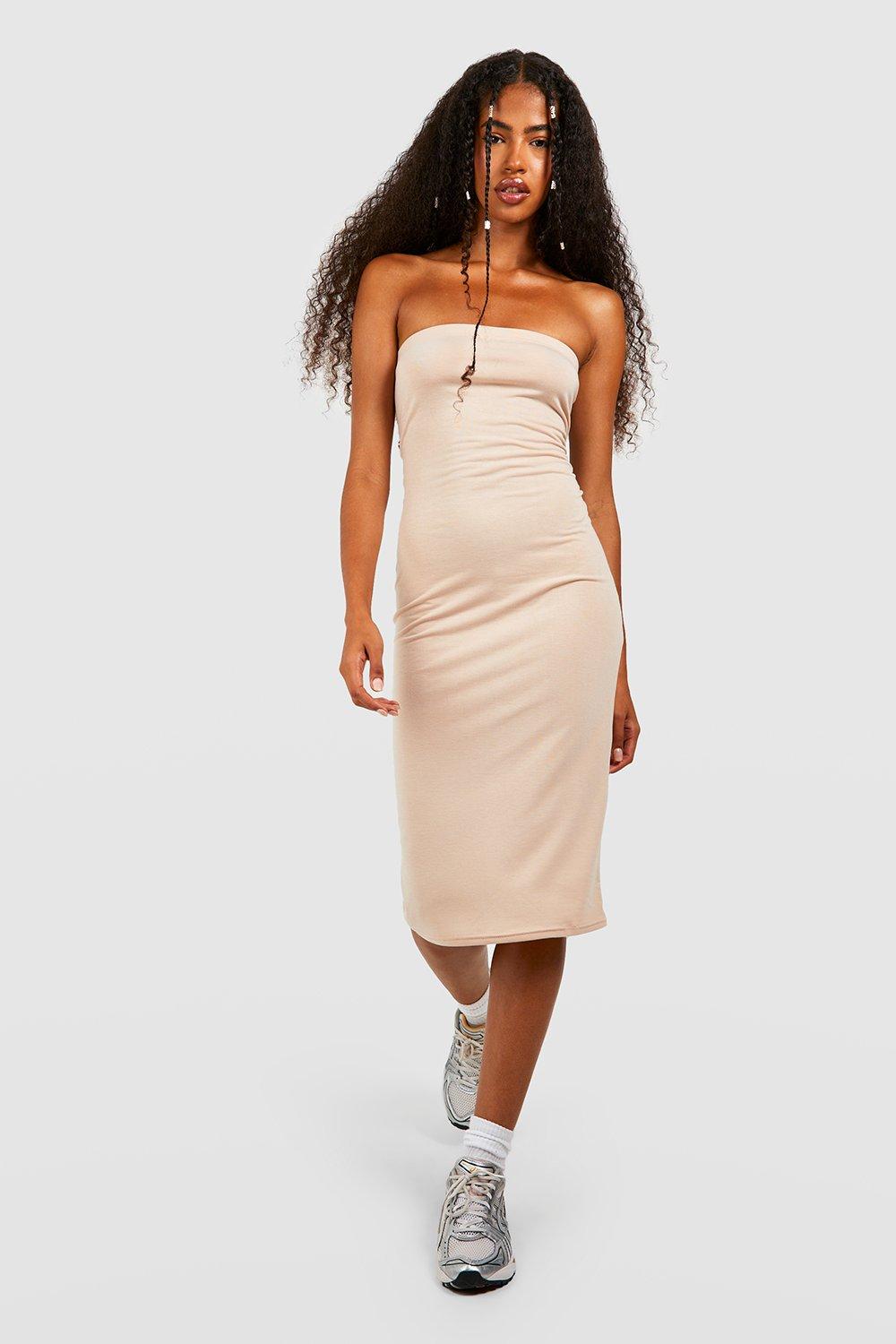 Womens Rib Bandeau Midi Dress - Beige - 14, Beige