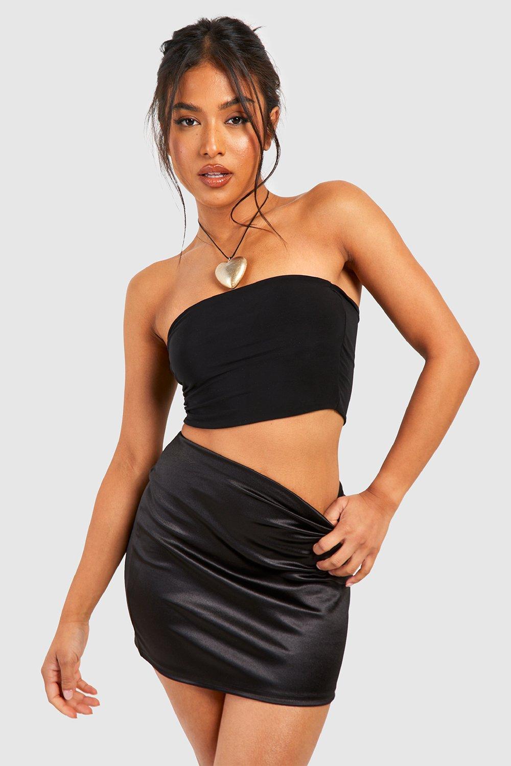 Boohoo Petite Satijnen Stretch Mini Rokje Met Zijsplit, Black