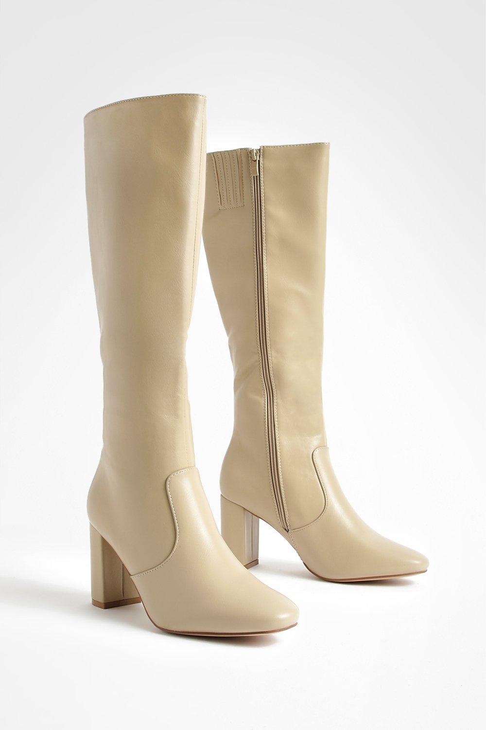 Womens Straight Block Heel Knee High Boots - White - 3, White