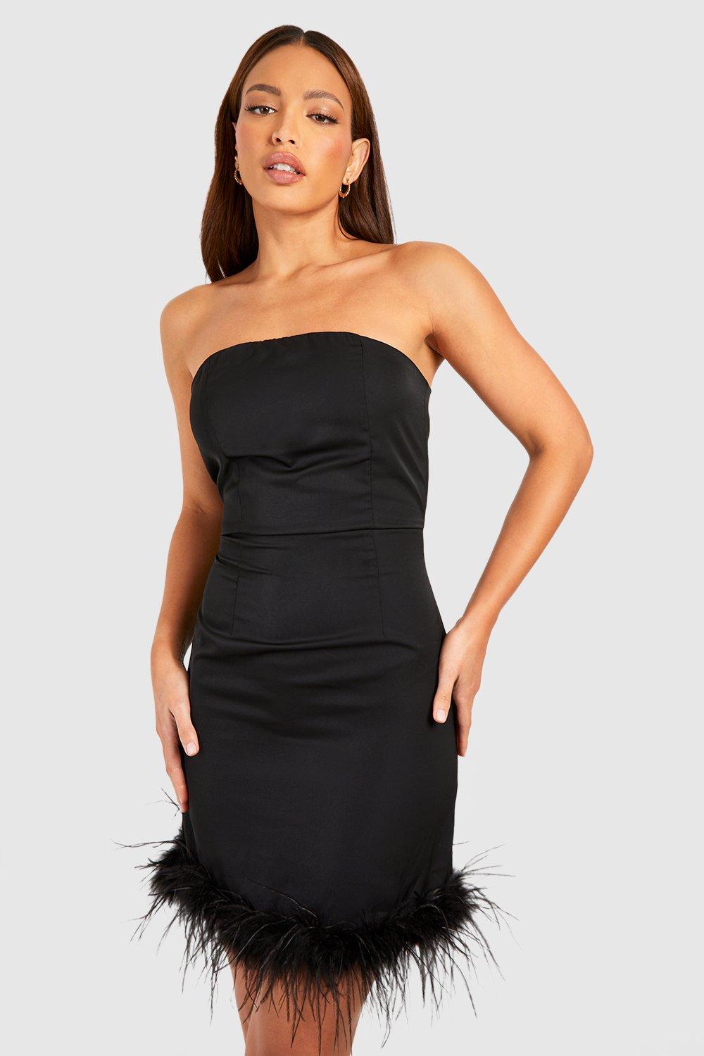 Womens Tall Bandeau Fluffy Feather Trim Mni Dress - Black - 12, Black