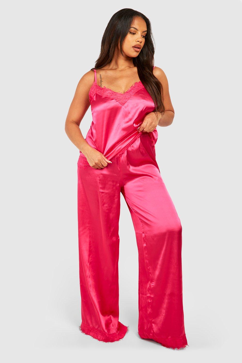 Womens Plus Satin Lace Contrast Trim Pj Trouser Set - Pink - 20, Pink