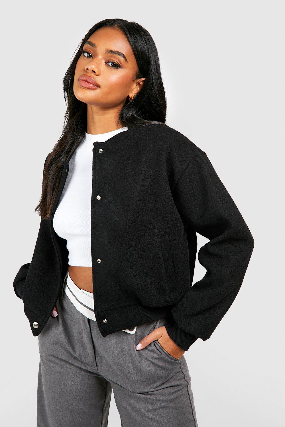 Womens Wool Look Crop Bomber Jacket - Black - 14, Black