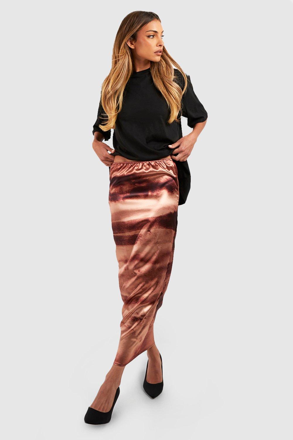 Boohoo Satijnen Marmerprint Midaxi Rok, Chocolate