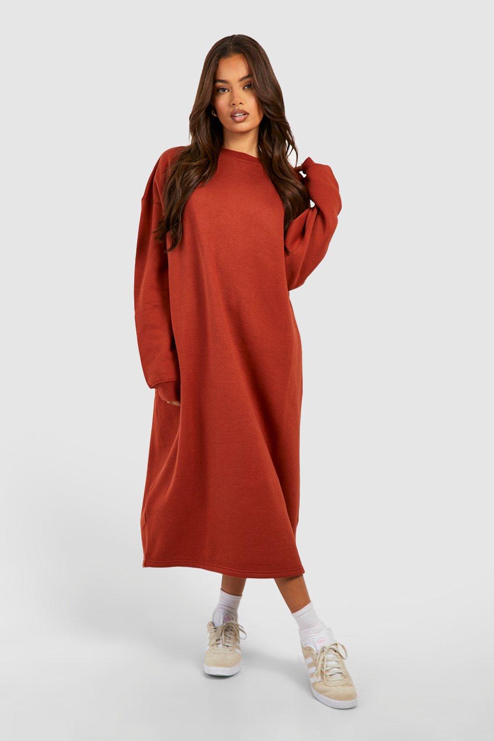 Boohoo Super Oversized Midi Sweatshirt Jurk, Tan