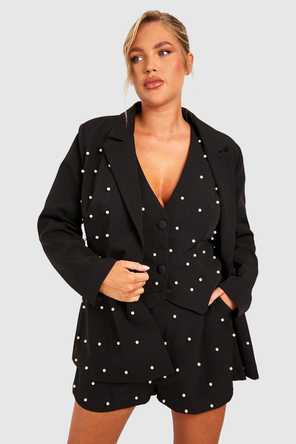 Boohoo Plus Blazer Met Parel Detail, Black