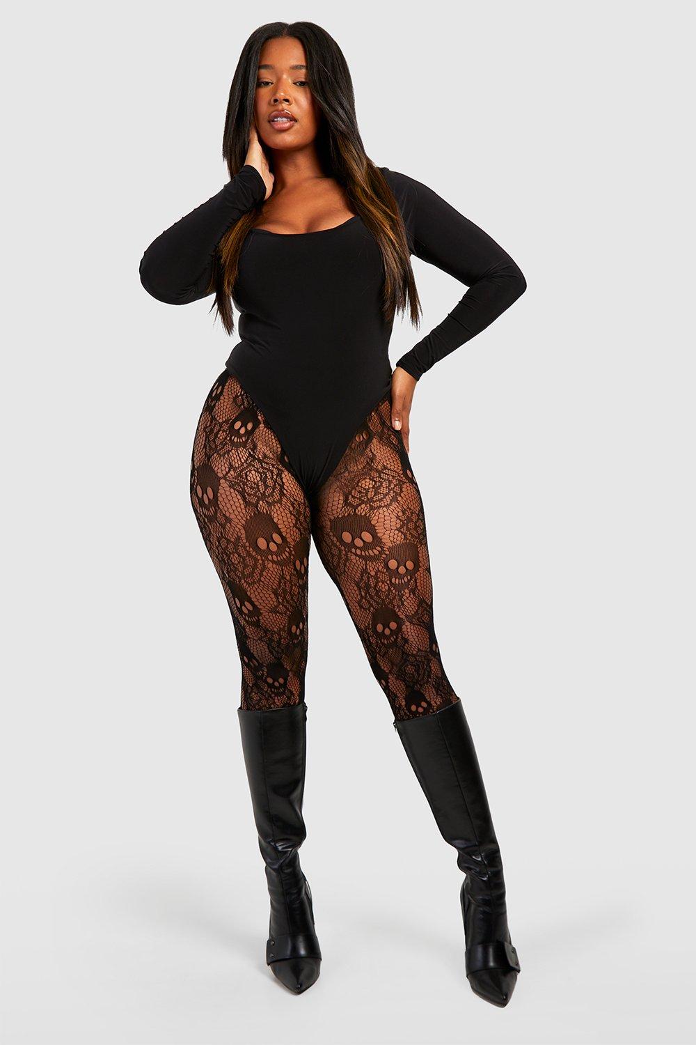 Image of Collant Plus Size a rete con teschio, Nero