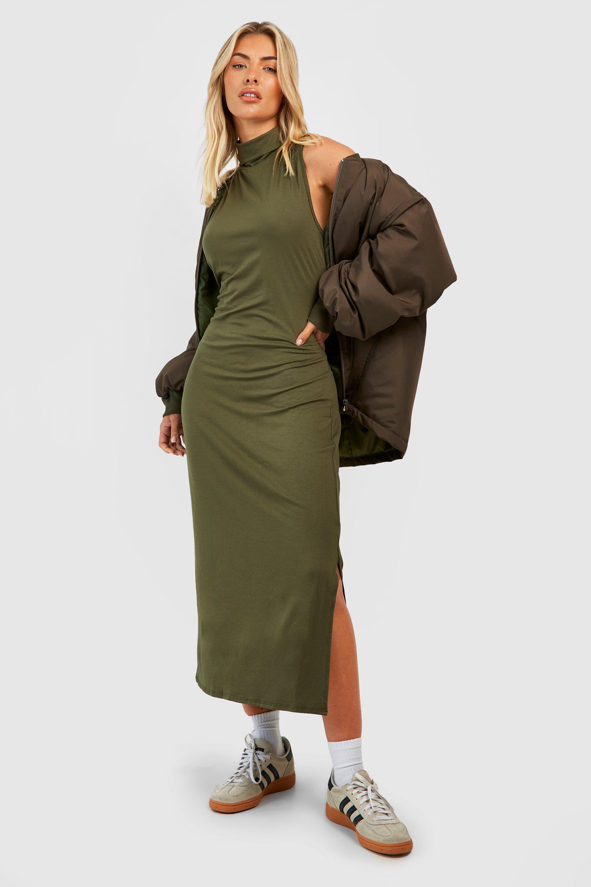 Boohoo Jersey Midi Jurk Met Col En Split, Khaki