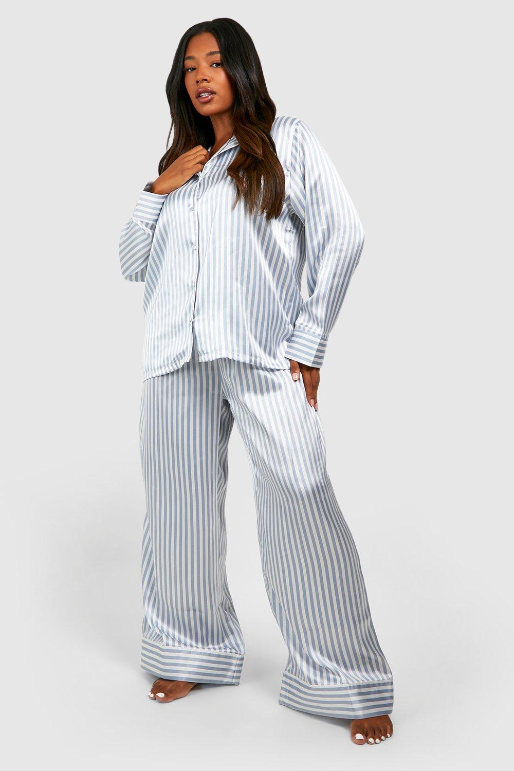 Image of Set pigiama Plus Size con pantaloni lunghi in raso a righe, Grigio
