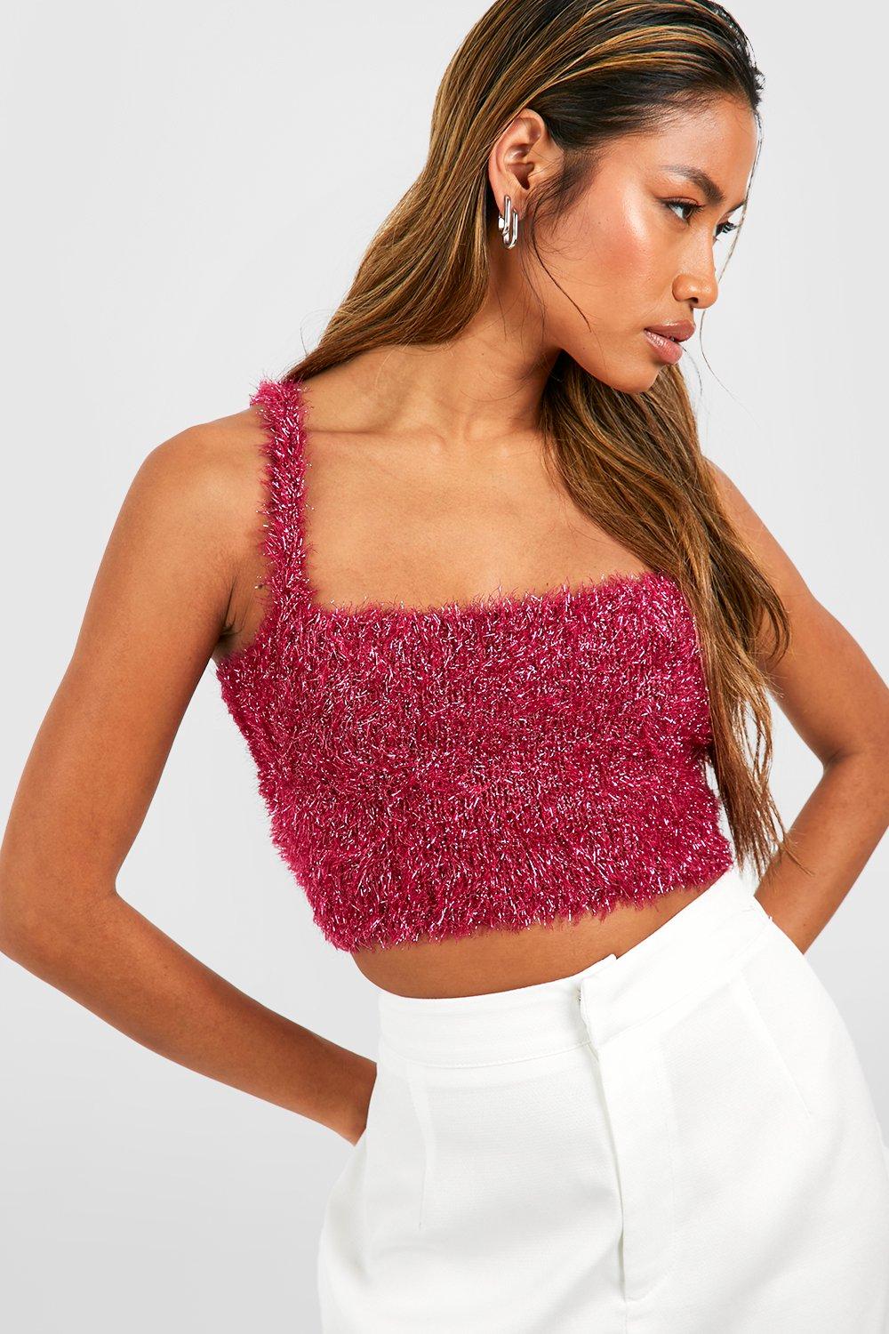 Boohoo Gebreide Tinsel Crop Top, Hot Pink