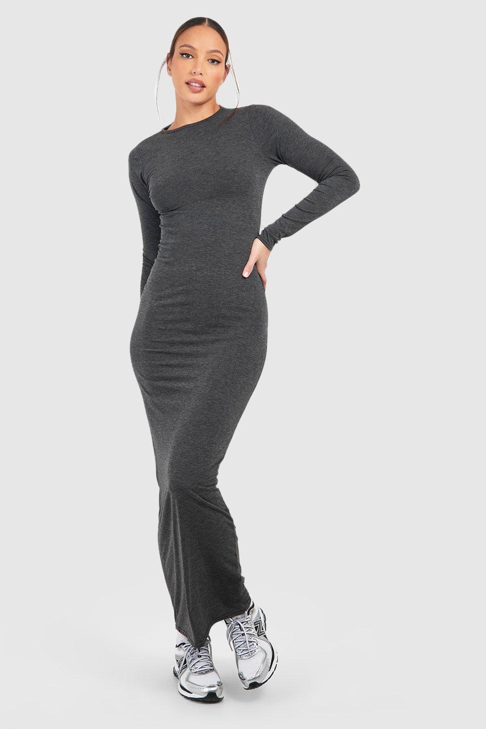 Boohoo Tall Basic Maxi Jurk Met Lange Mouwen, Charcoal