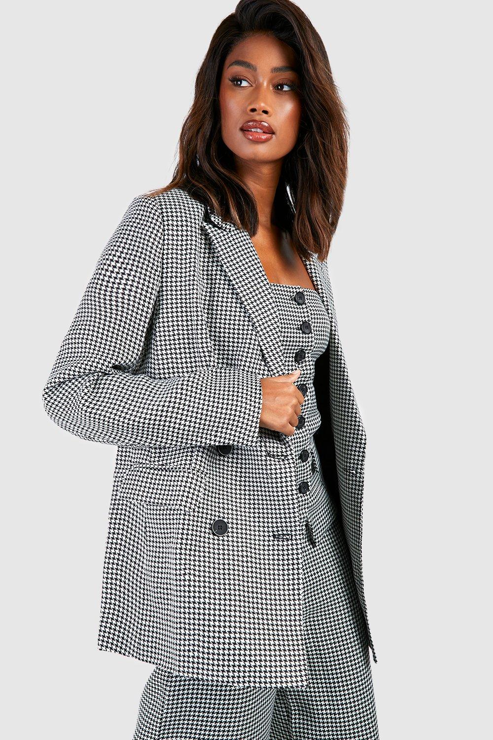 Boohoo Getailleerde Houndstooth Blazer Met Dubbele Knopen, Black