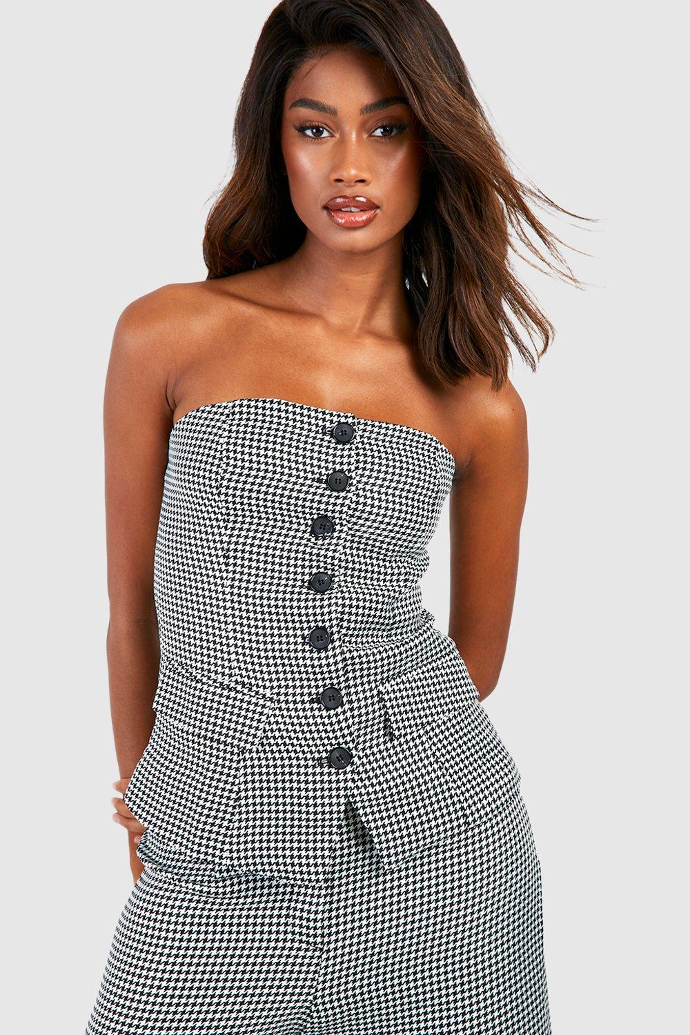 womens contrast button houndstooth tailored bandeau waistcoat - black - 10, black