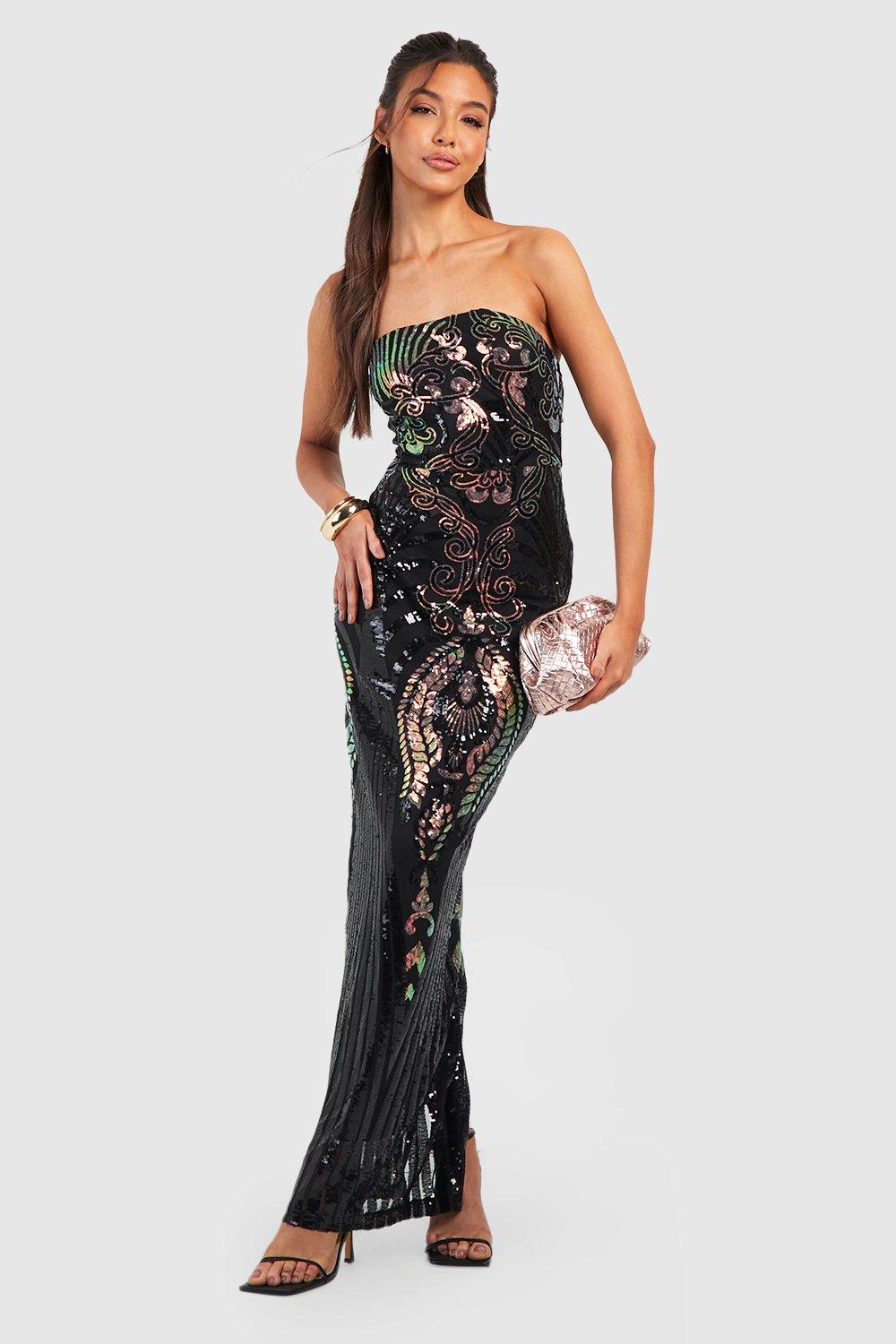 Womens Damask Sequin Bandeau Maxi Dress - Black - 14, Black