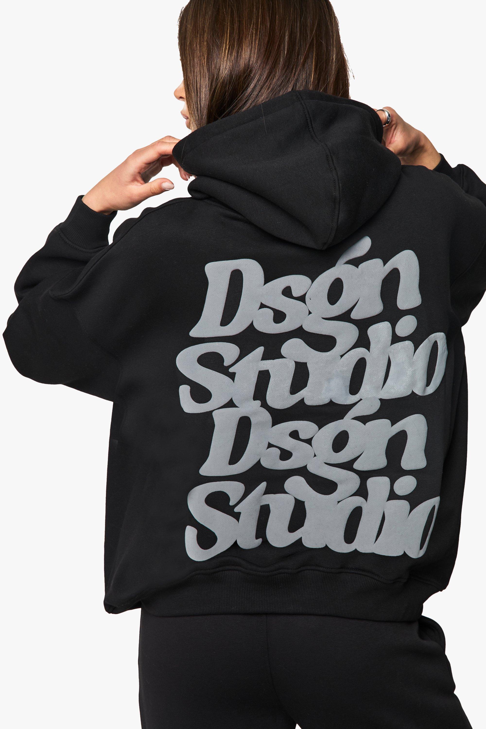 Image of Felpa oversize con slogan Dsgn Studio e stampa a caratteri arrotondati, Nero
