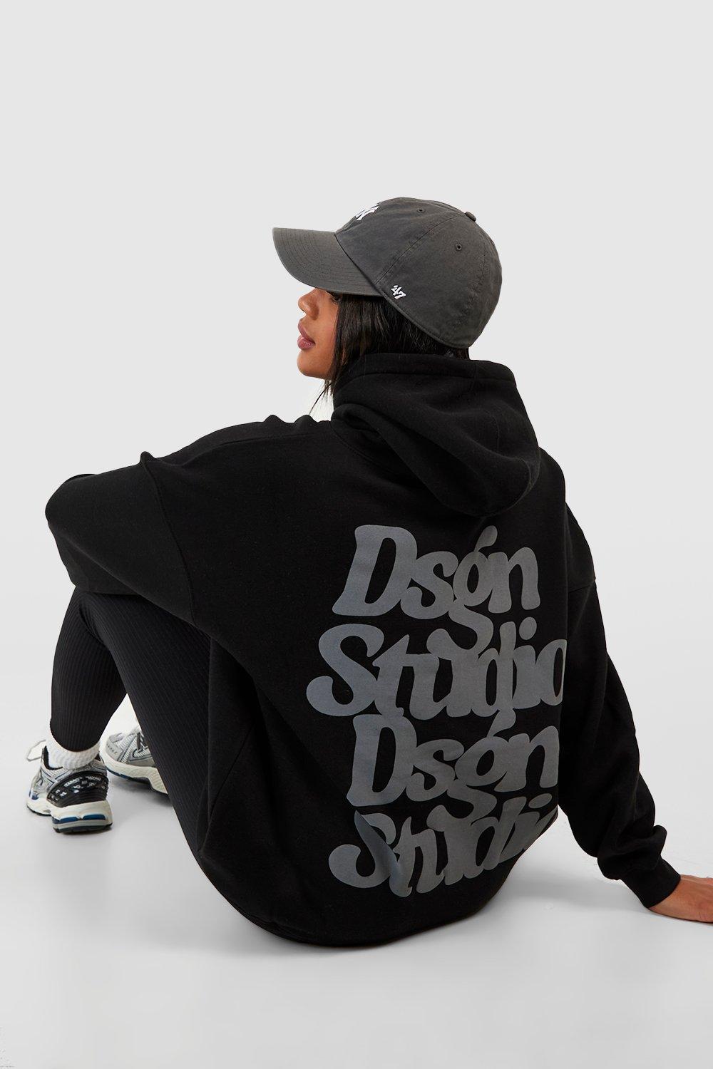 Womens Puff Print Dsgn Studio Slogan Oversized Hoodie - Black - L, Black