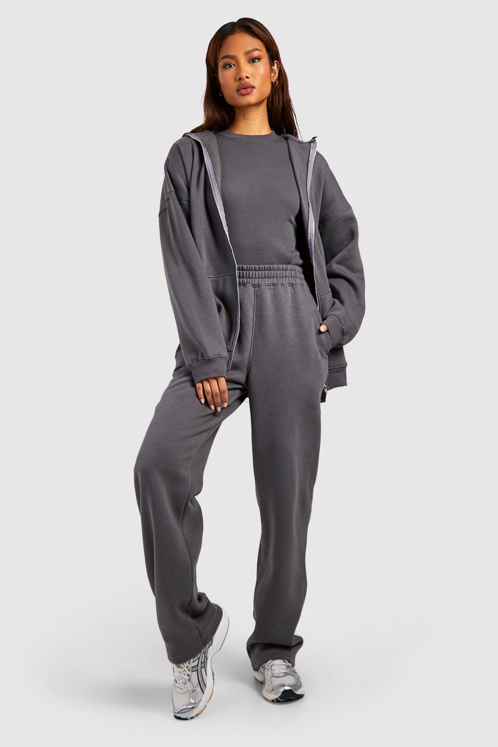 Womens Tall Ribbed Fitted T-Shirt 3 Piece Hooded Tracksuit - Grey - 14, Grey