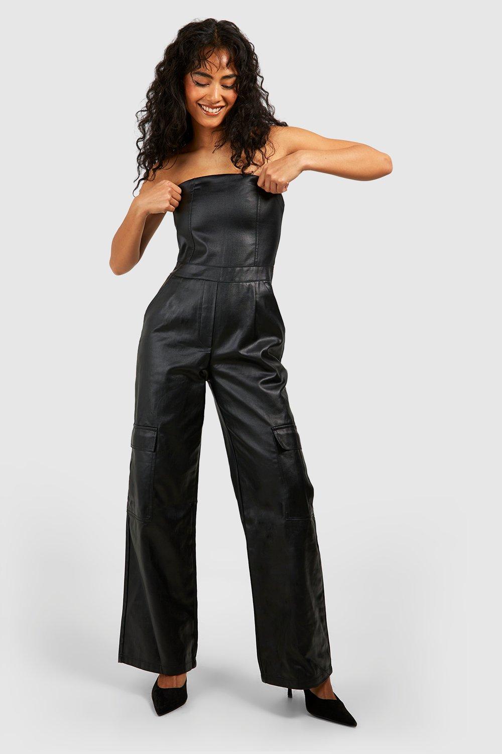 Womens Pu Coated Cargo Pocket Bandeau Denim Jumpsuit - Black - 12, Black