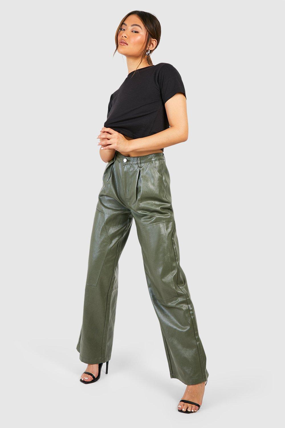 Boohoo Utility Jeans Met Pu Coating En Rechte Pijpen, Khaki