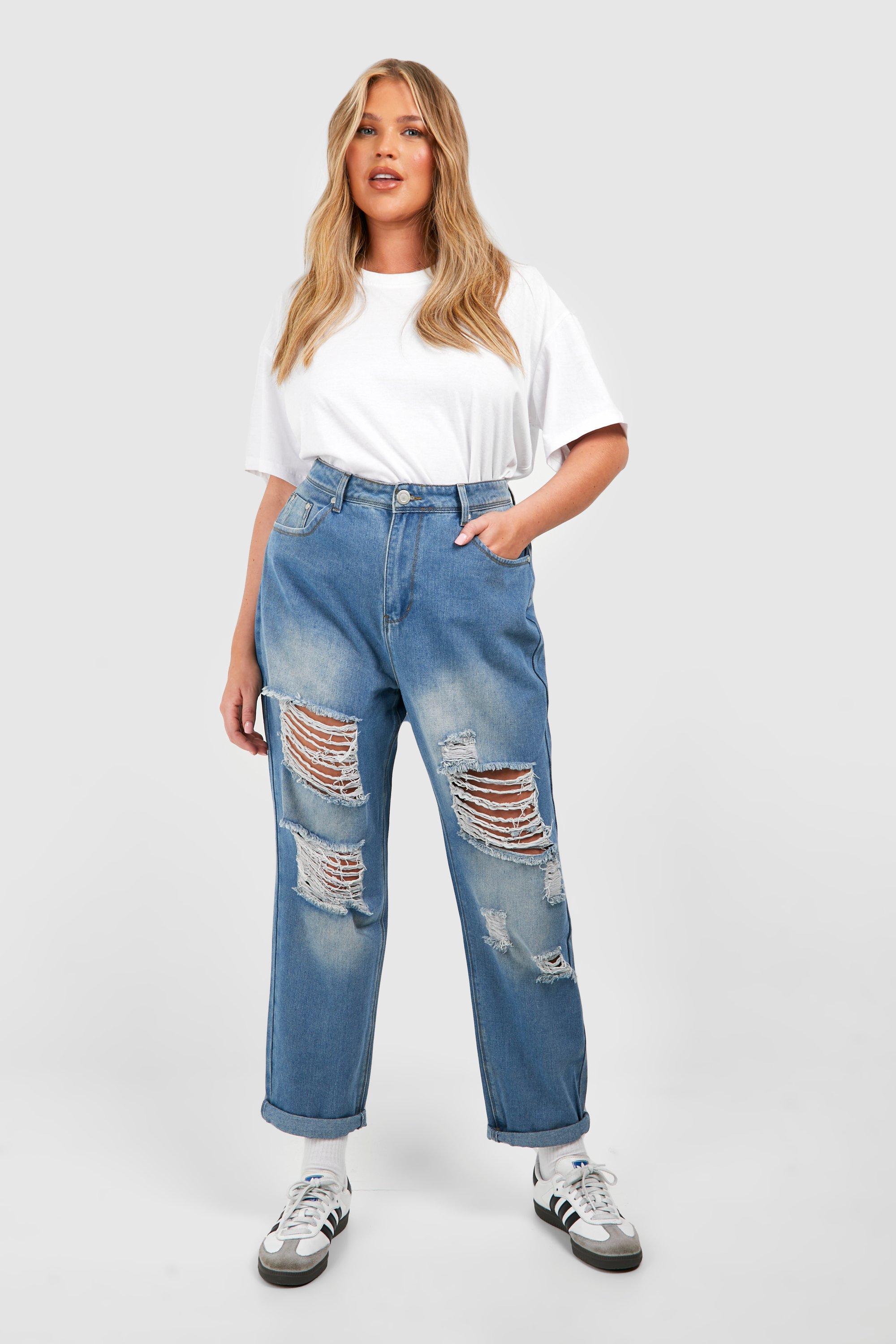Boohoo Plus Gescheurde Mom Jeans, Blue